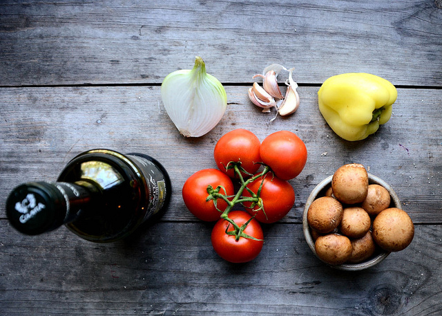 Ingredients on a wooden surface. 