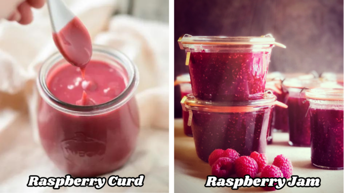 A photo showing the difference between raspberry curd and raspberry jam.