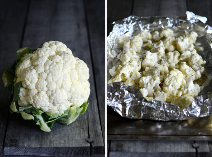 A diptych of a whole cauliflower on the left, and chopped cauliflower on a baking sheet on the right.