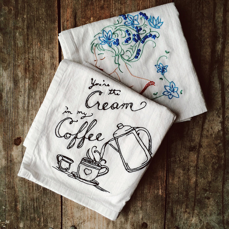 Hand embroidered tea towels.