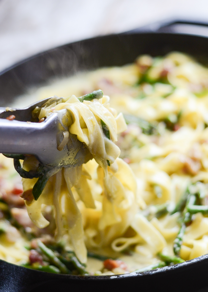 Cream Leek, Asparagus, and Bacon Pasta | Buttered Side Up