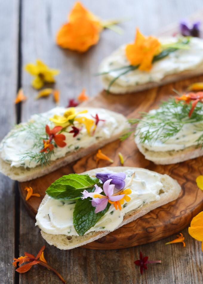 Chive and Cream Cheese Sandwiches with Edible Flowers | Buttered Side Up