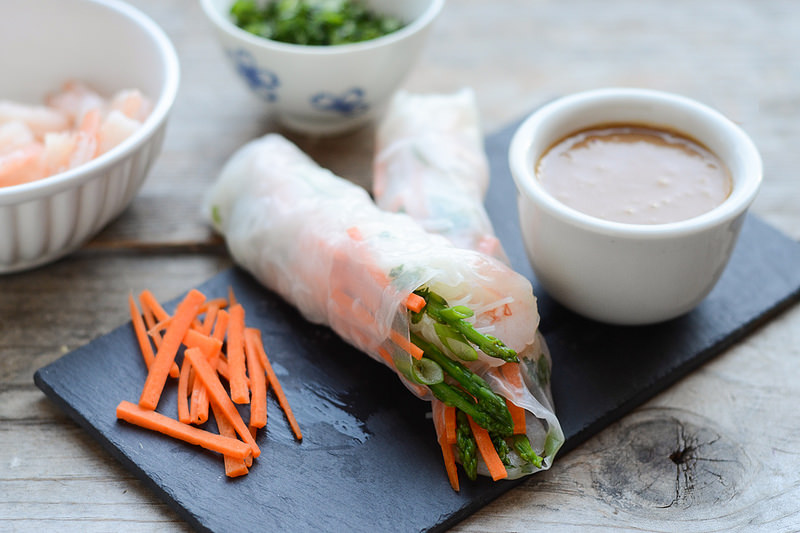 Shrimp Spring Rolls with Sweet & Spicy Peanut Dipping Sauce