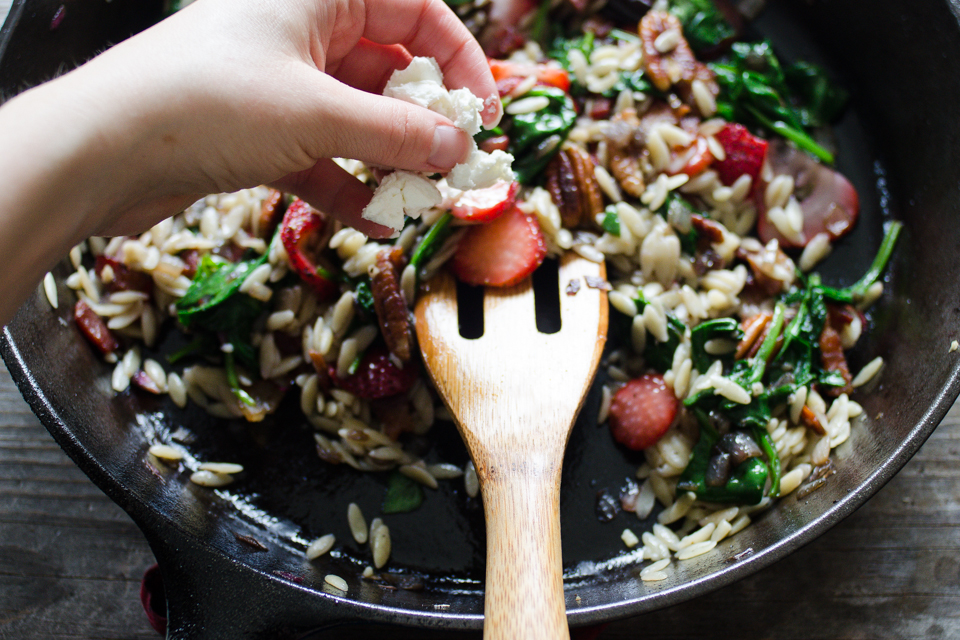 Warm Strawberry Bacon Orzo Salad