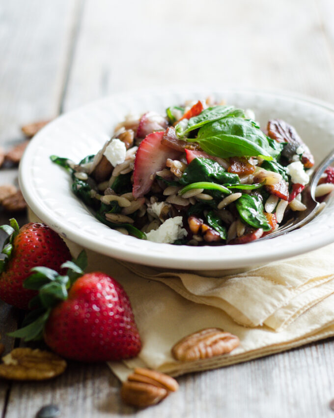 Warm Strawberry Bacon Orzo Salad