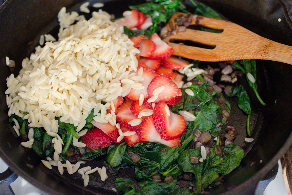 Warm Strawberry Bacon Orzo Salad