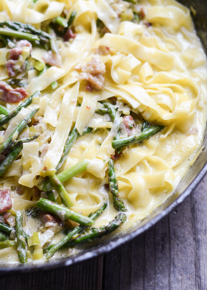 Cream Leek, Asparagus, and Bacon Pasta | Buttered Side Up