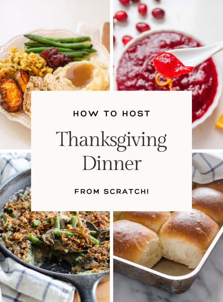 A photo collage showing different Thanksgiving dishes made from scratch.