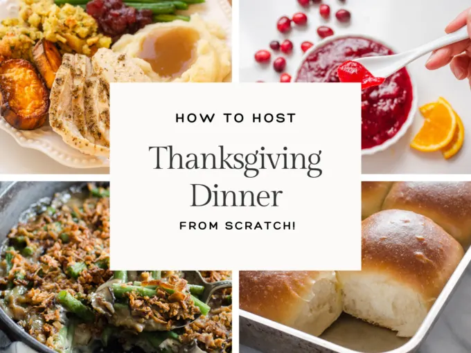 A photo collage showing different Thanksgiving dishes made from scratch.
