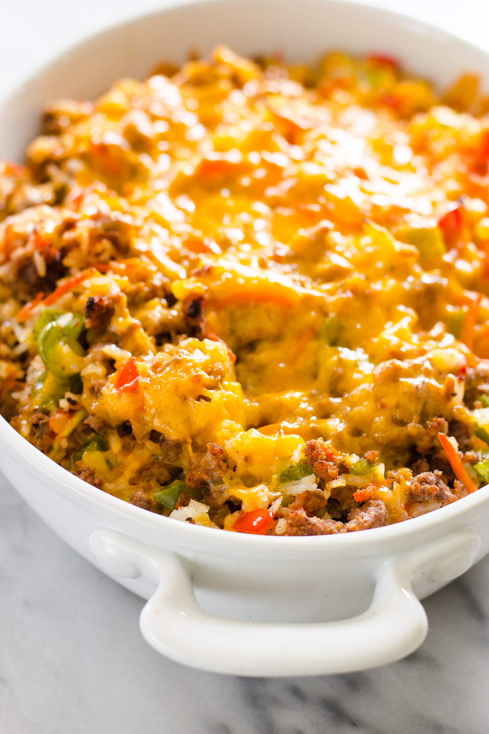 The final baked stuffed pepper casserole in a casserole dish.