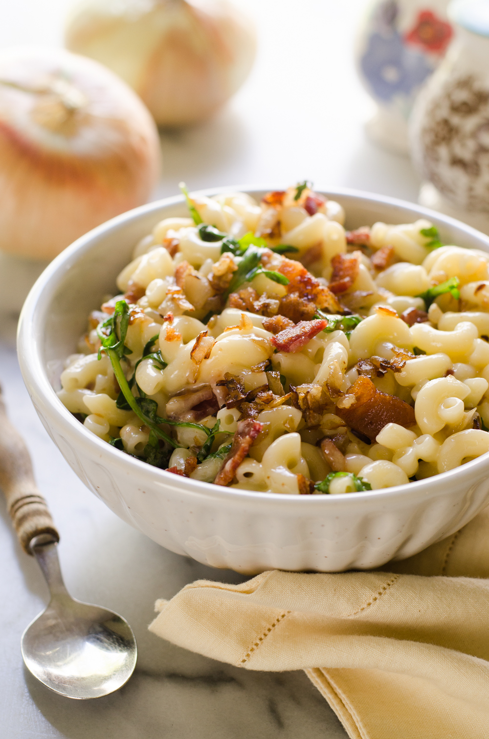 Caramelized Onion, Bacon, and Arugula Mac and Cheese