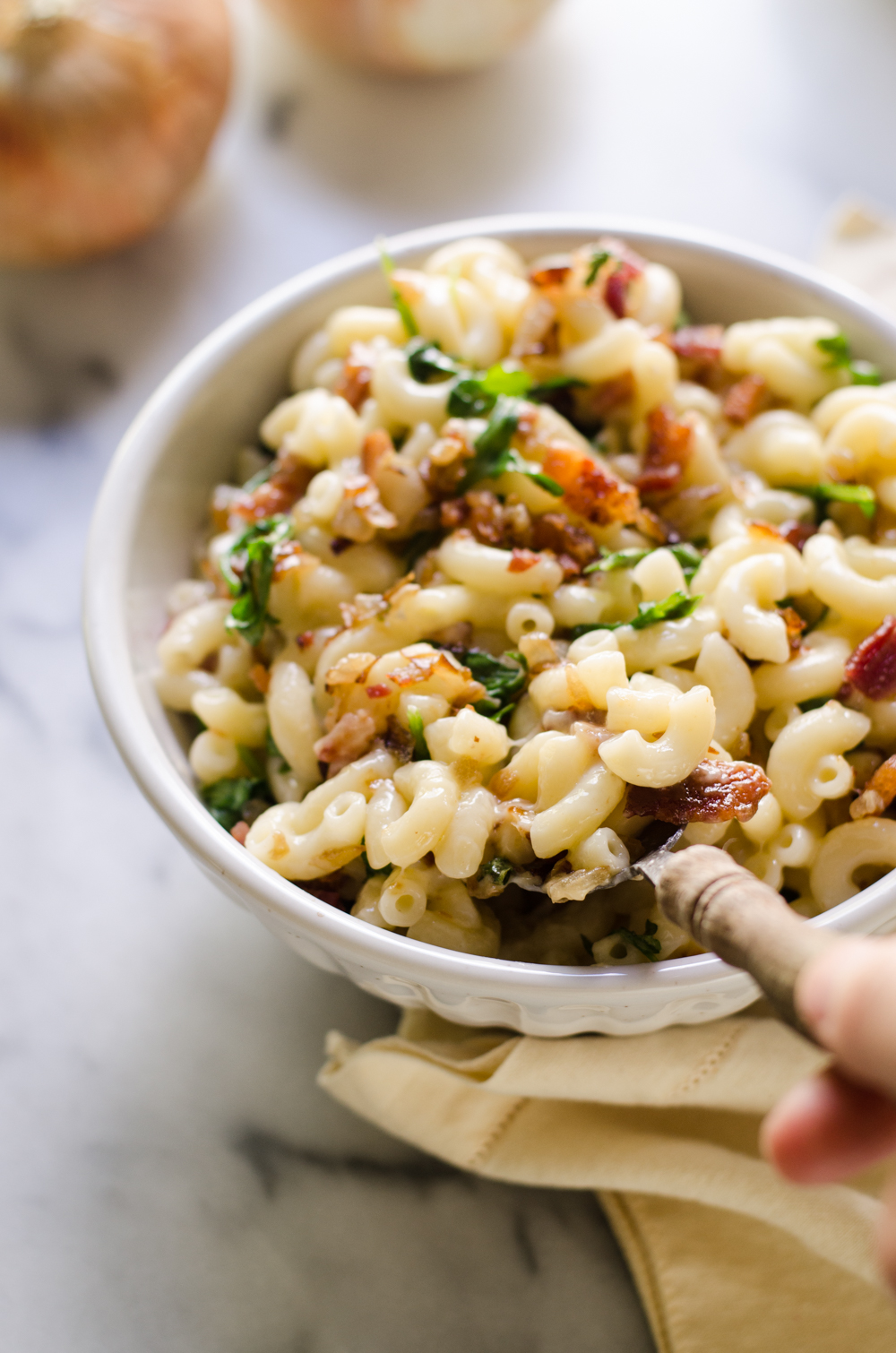 Caramelized Onion, Bacon, and Arugula Mac and Cheese