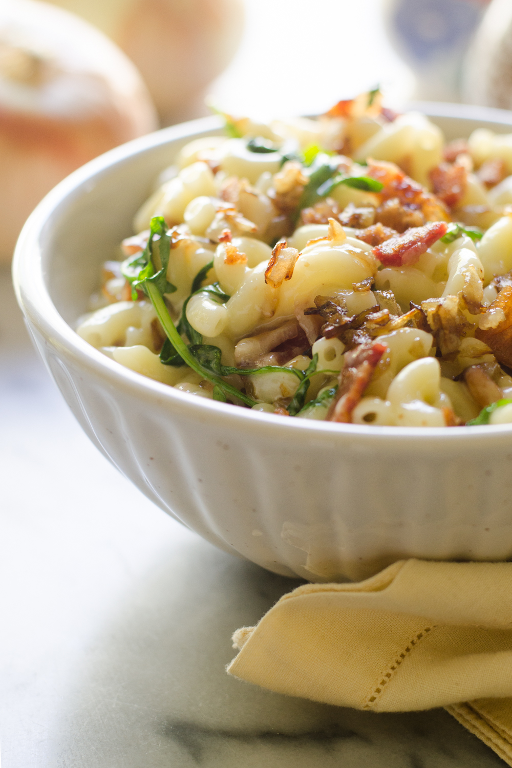Caramelized Onion, Bacon, and Arugula Mac and Cheese