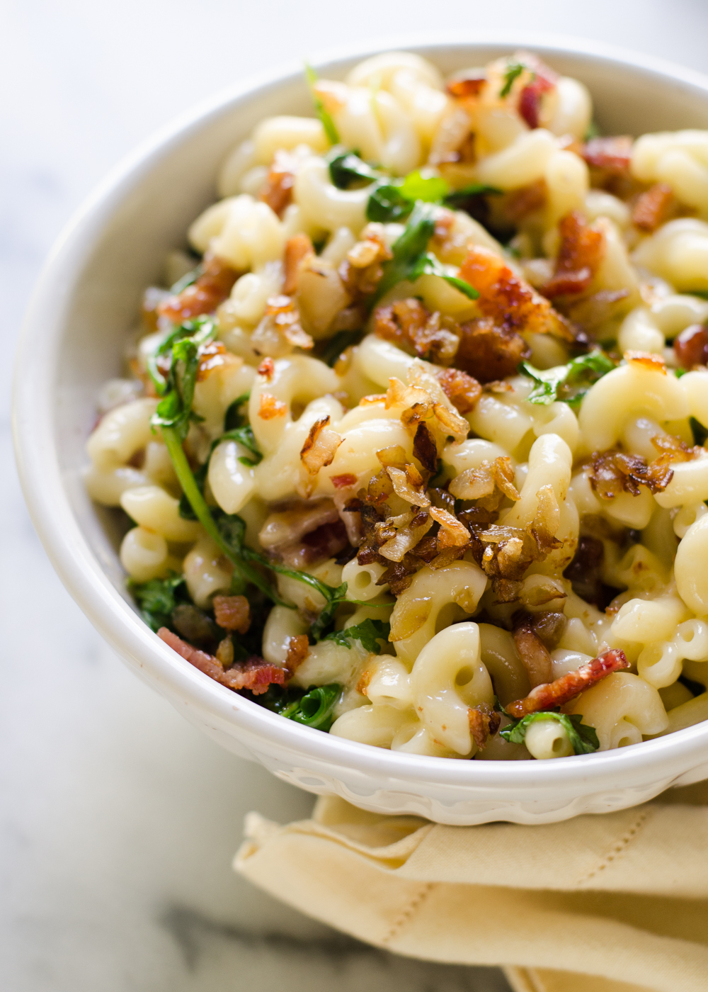 Caramelized Onion, Bacon, and Arugula Mac and Cheese