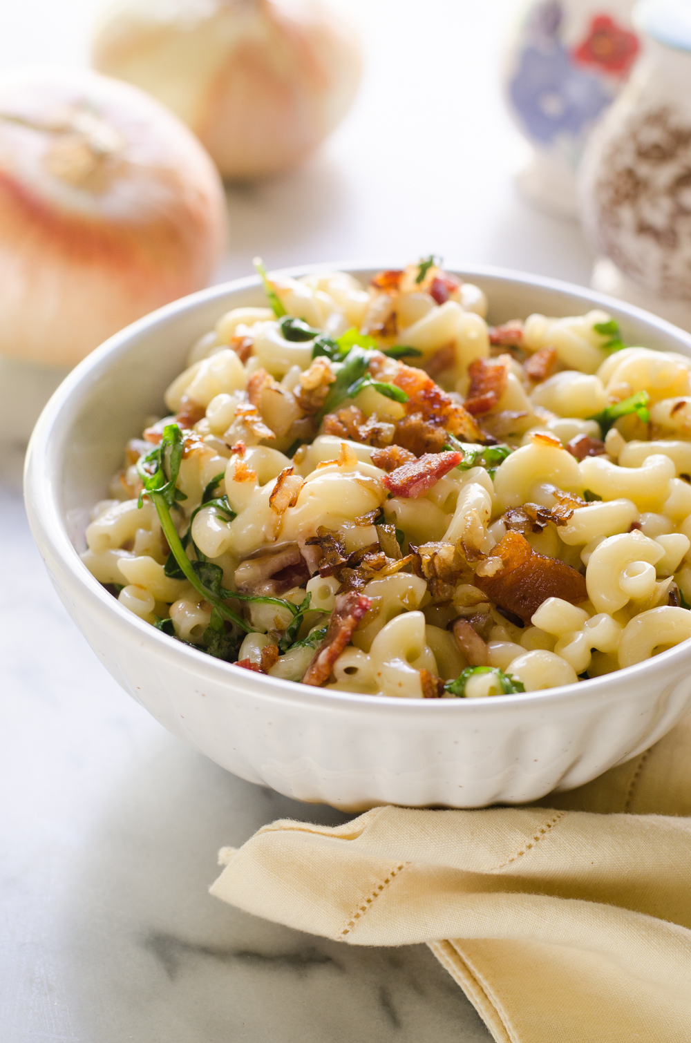 Caramelized Onion, Bacon, and Arugula Mac and Cheese