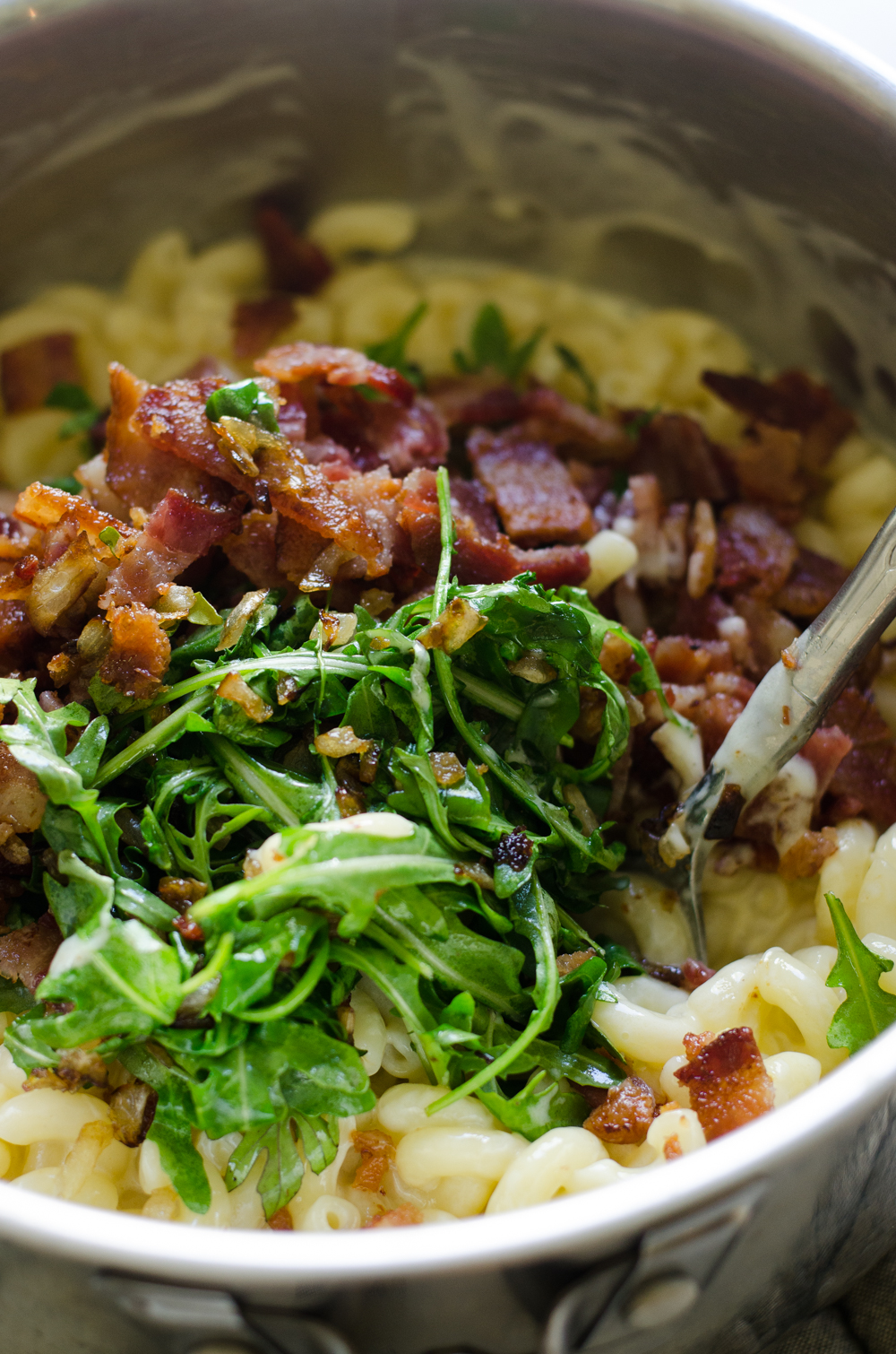 Caramelized Onion, Bacon, and Arugula Mac and Cheese