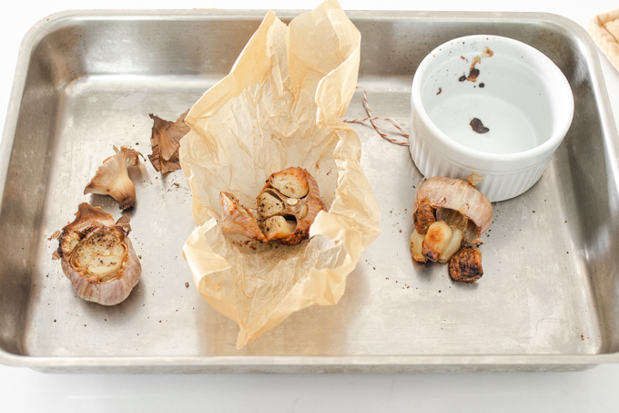 Side by side comparison of three ways to roast garlic without aluminum foil.