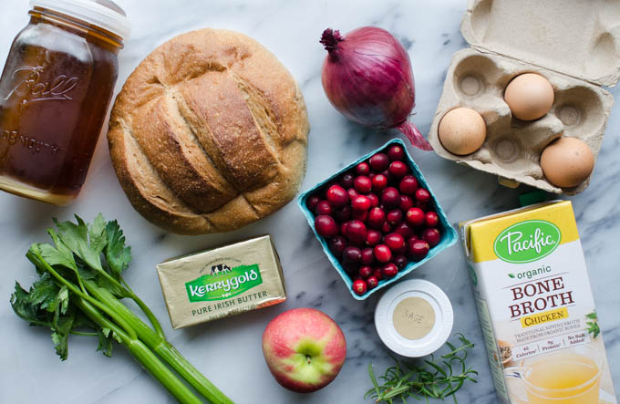 All of the ingredients needed to make cranberry Sourdough Stuffing. 