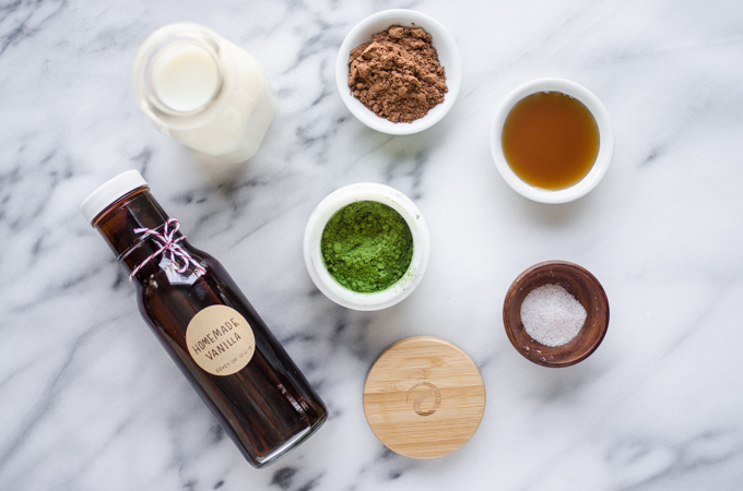 Ingredients for making a chocolate matcha latte.