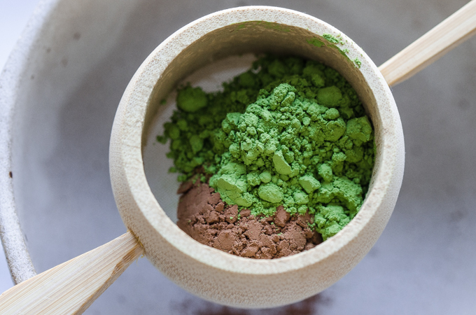 Matcha and cocoa powder in a special matcha sifter.