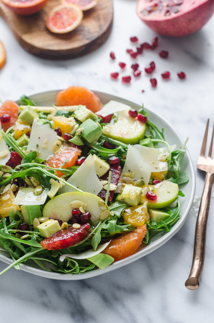 Winter Salad with Arugula, Avocado, Pomegranate, Blood Orange, and Apple