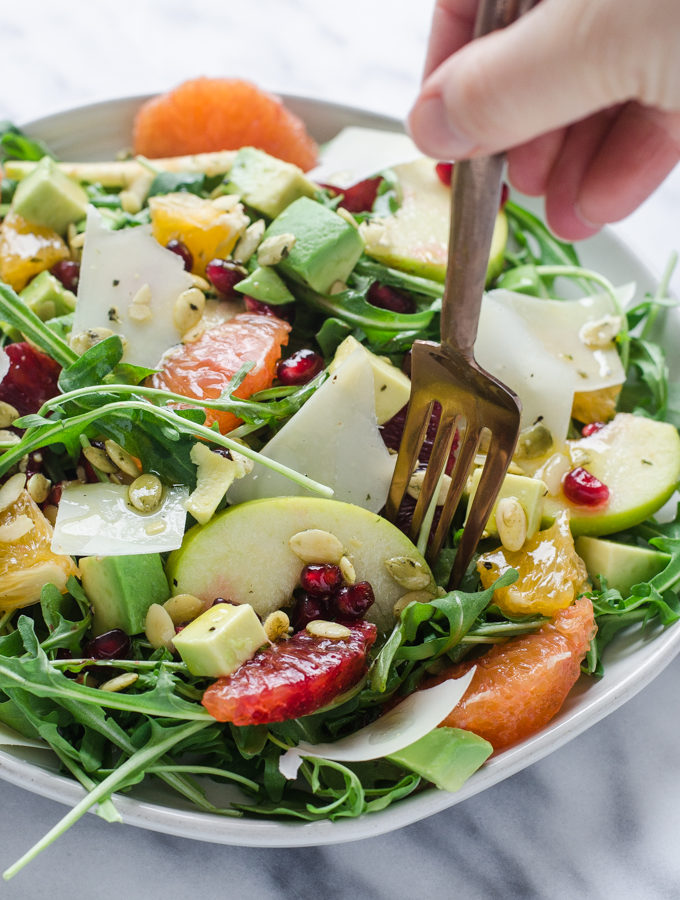 Winter Salad with Arugula, Avocado, Pomegranate, Blood Orange, and Apple