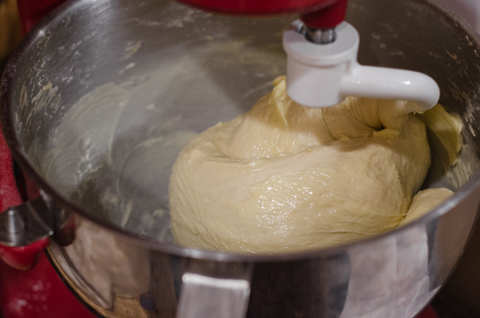 Adding the butter to the sourdough sandwich bread dough.