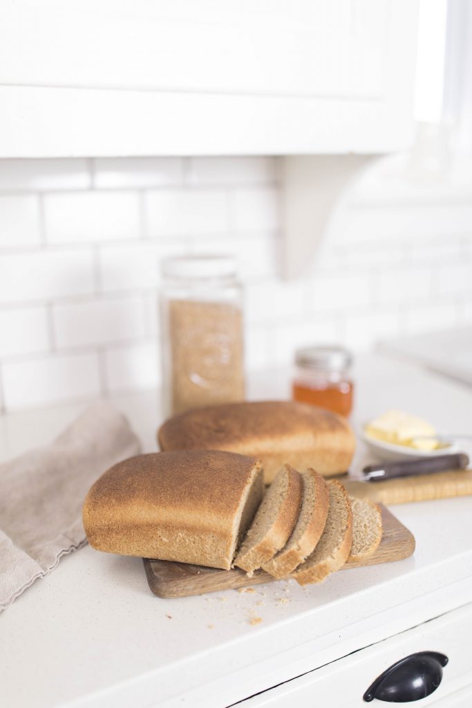 Sliced loaf of sourdough bread.