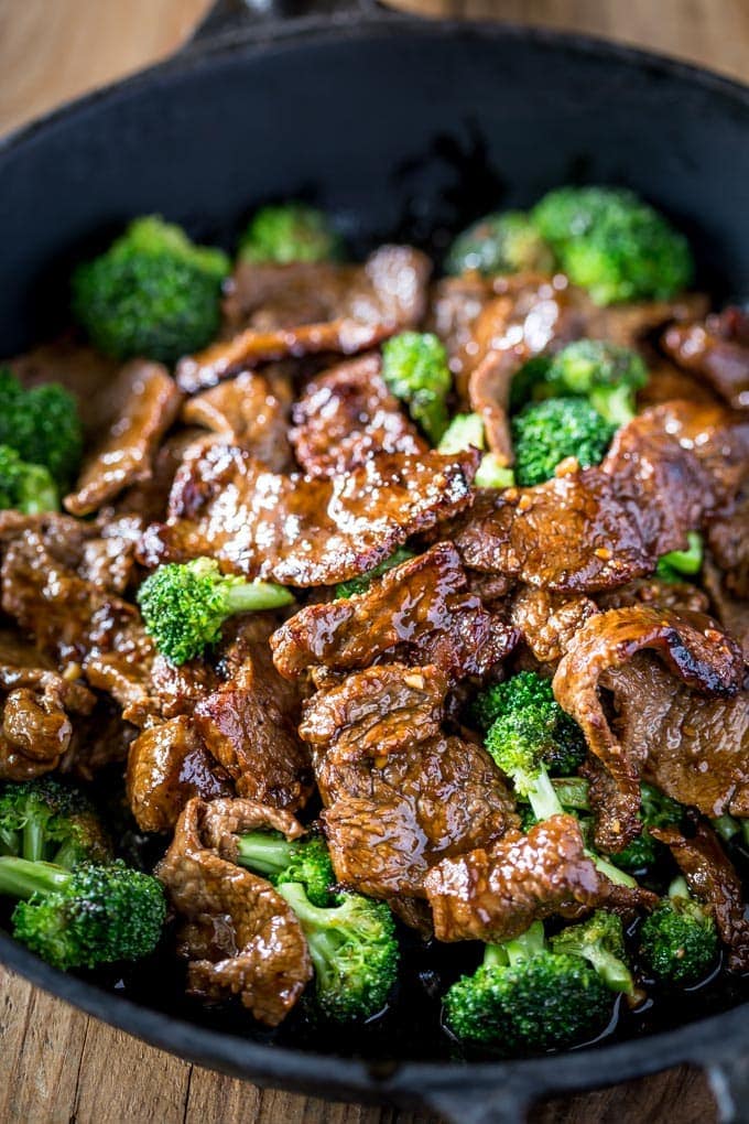 Skillet of beef and broccoli.