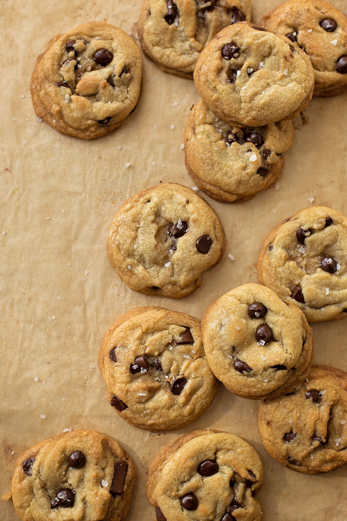 From above view of cookies on a parchment lined baking sheet.