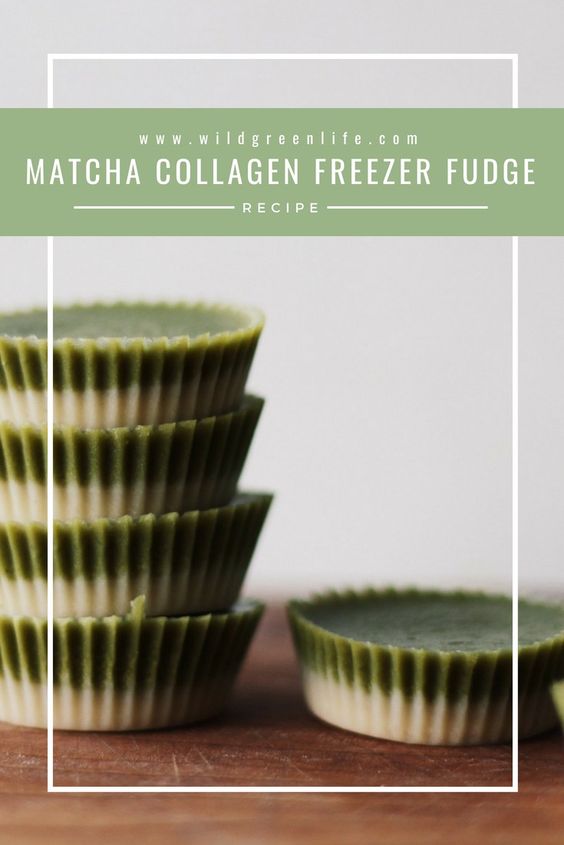 Side view of a stack of matcha collagen cups with words.