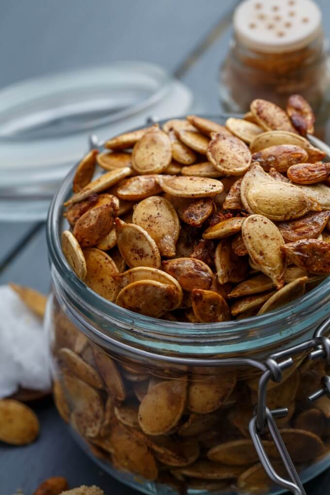 Jar of roasted pumpkin seeds.