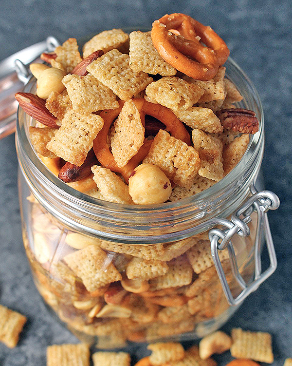 Coconut oil recipes: Jar of Chex mix.