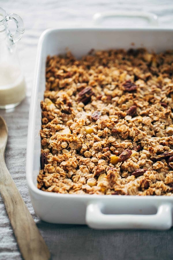 Baked apple crisp in a pan.