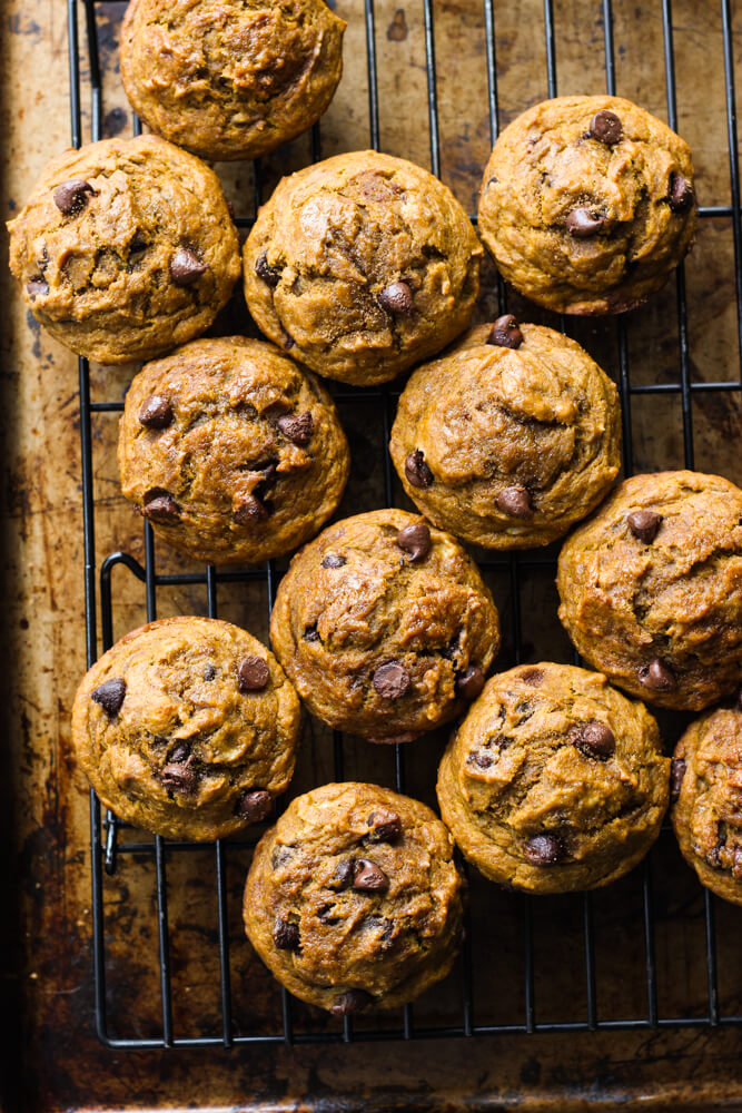 From above view of muffins on a cooling rack.