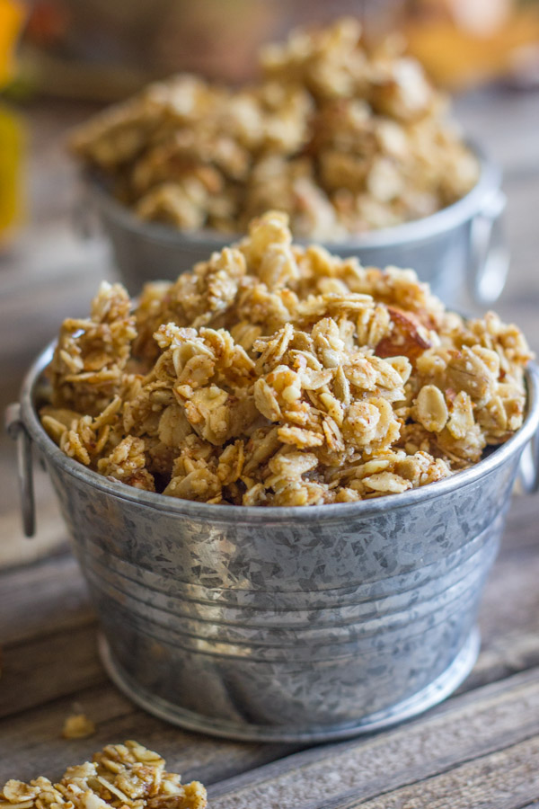 Pumpkin granola in mini galvanized buckets.