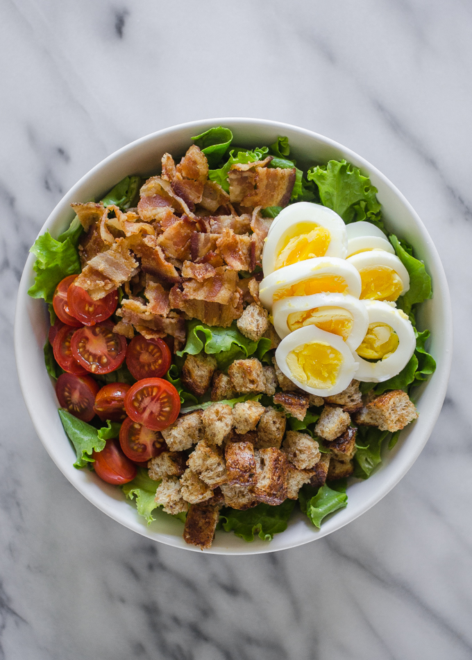 From above shot of BLT salad in a large bowl.