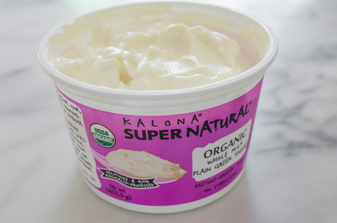 Kalona SuperNatural Greek yogurt in an open container.