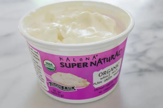 Kalona SuperNatural Greek yogurt in an open container.