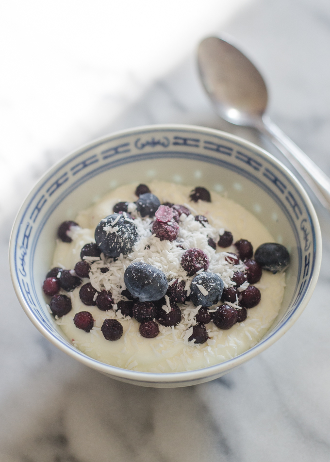 A bowl of yogurt with fresh and frozen blueberries with dried coconut sprinkled on top.