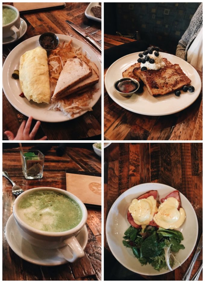 French Meadow Cafe: Omelette of the day, French toast, eggs benedicts, and matcha latte