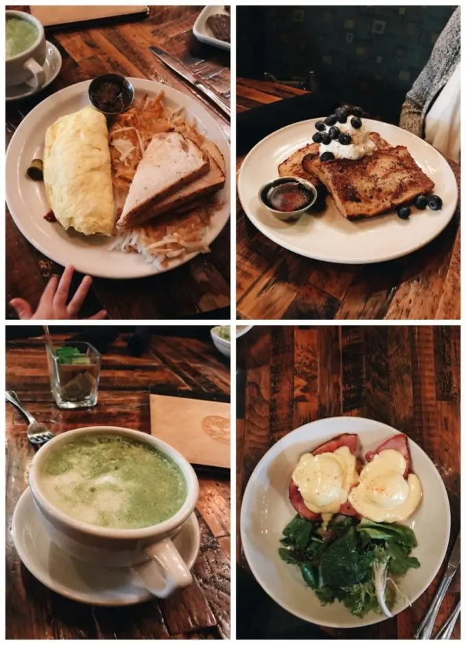French Meadow Cafe: Omelette of the day, French toast, eggs benedicts, and matcha latte
