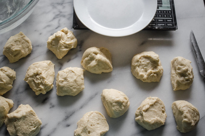 The dough cut into 16 smaller pieces.