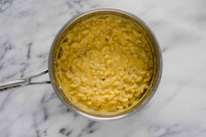 A pan of butternut squash mac and cheese from above.