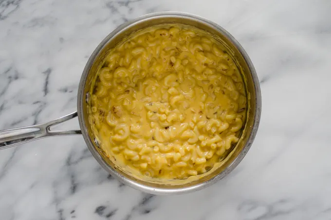 A pan of butternut squash mac and cheese from above.