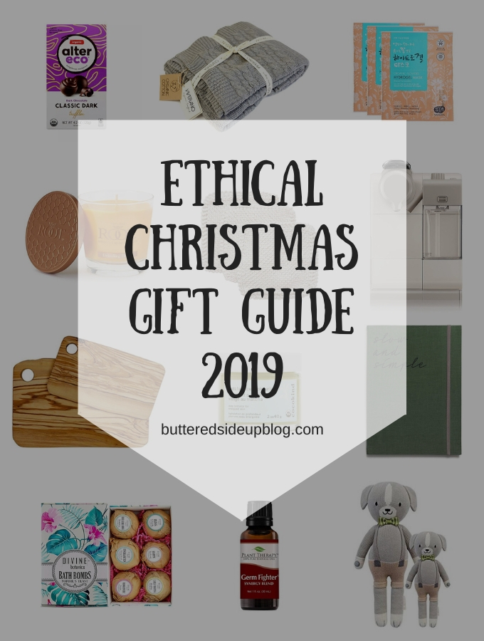 A collage of gift ideas and the words "Ethical Christmas Gift Guide 2019"