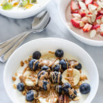 Three ideas for yogurt bowls: granola, chocolate, and tropical!