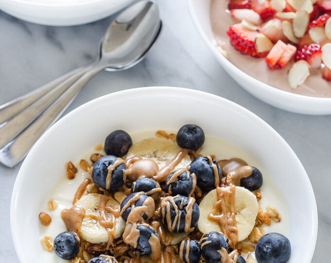 Three ideas for yogurt bowls: granola, chocolate, and tropical!