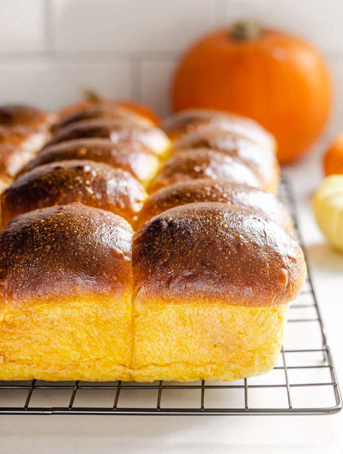 Pumpkin sourdough dinner rolls on a black wire cooling rack.