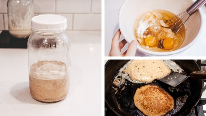 Making pancakes from the saved up sourdough discard.